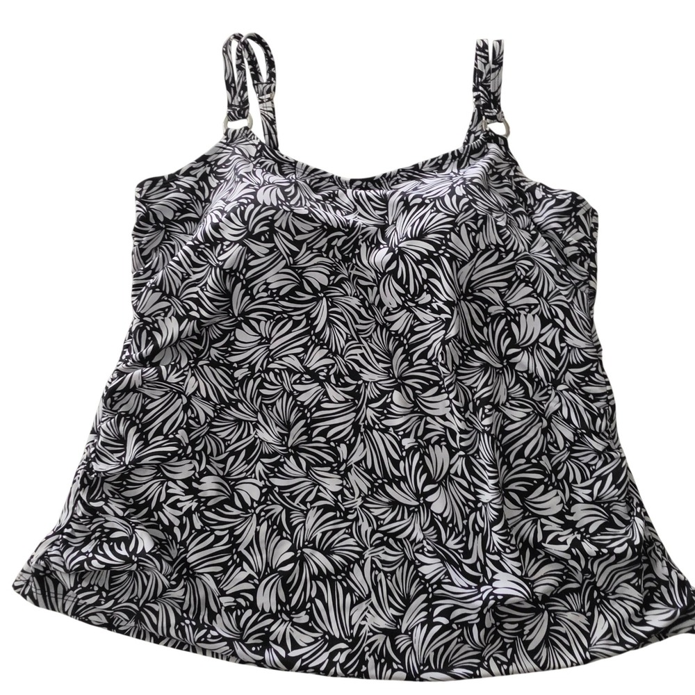 Bal Harbour Womens Tankini Top Black White Abstract Floral Ruched 1X 16W-18W